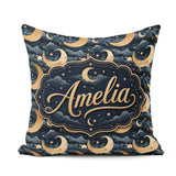 Custom Name Golden Crescent Moon Ocean Waves Night Seamless Name Square Filled Cushion Throw Pillow Sofa Bed Home Decor Zip Washable UK Made