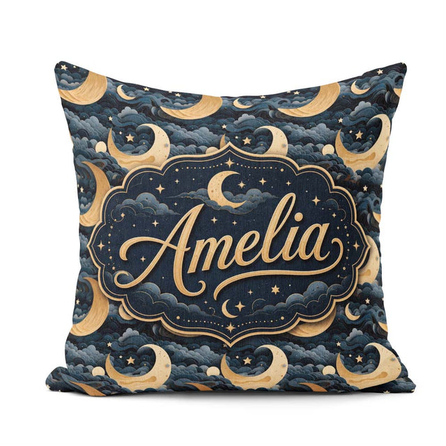Custom Name Golden Crescent Moon Ocean Waves Night Seamless Name Square Filled Cushion Throw Pillow Sofa Bed Home Decor Zip Washable UK Made
