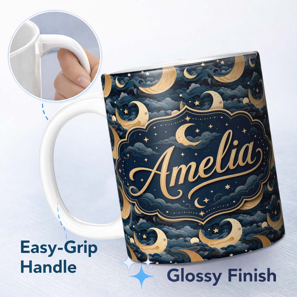 Personalized Custom Name Golden Crescent Moon Ocean Waves Night Seamless Pattern Name Cute 11oz Ceramic Coffee Tea Mug White Large Handle