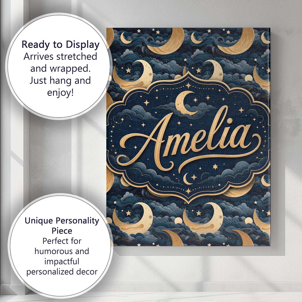Personalised Name Golden Crescent Moon Custom  Modern Room Accent Elegant Feature Canvas Wall Art Print Decor Picture Ready to Hang