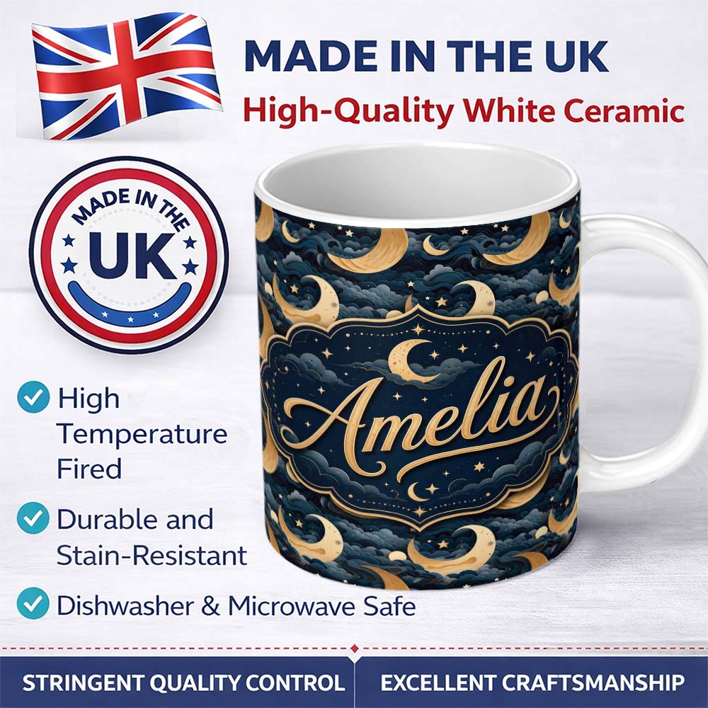 Personalized Custom Name Golden Crescent Moon Ocean Waves Night Seamless Pattern Name Cute 11oz Ceramic Coffee Tea Mug White Large Handle
