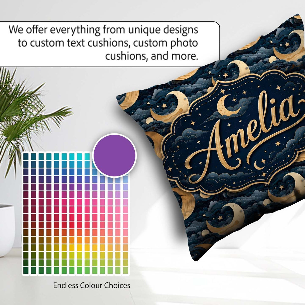 Custom Name Golden Crescent Moon Ocean Waves Night Seamless Name Square Filled Cushion Throw Pillow Sofa Bed Home Decor Zip Washable UK Made