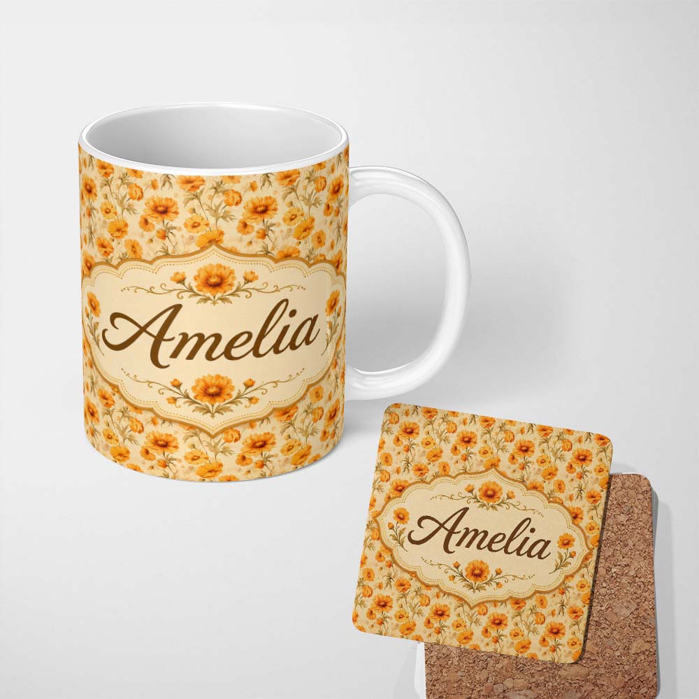 Personalized Custom Name Chrysanthemum Floral on Neutral Background with Warm Autumn Tones 11oz Ceramic Coffee Tea Mug White Large Handle