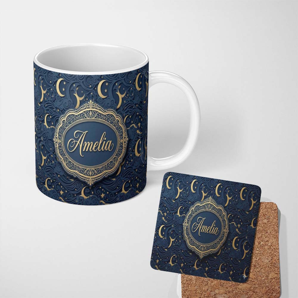 Personalized Custom Name Celestial Crescent Moon Cloud Waves Starry Night Seamless Pattern 11oz Ceramic Coffee Tea Mug White Large Handle