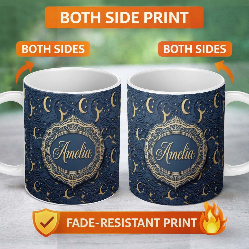 Personalized Custom Name Celestial Crescent Moon Cloud Waves Starry Night Seamless Pattern 11oz Ceramic Coffee Tea Mug White Large Handle