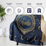 Celestial Crescent Moon Cloud Waves Starry Night Seamless Pattern  Personalised Custom Name Super Soft Fleece Blanket Bed Sofa Throw