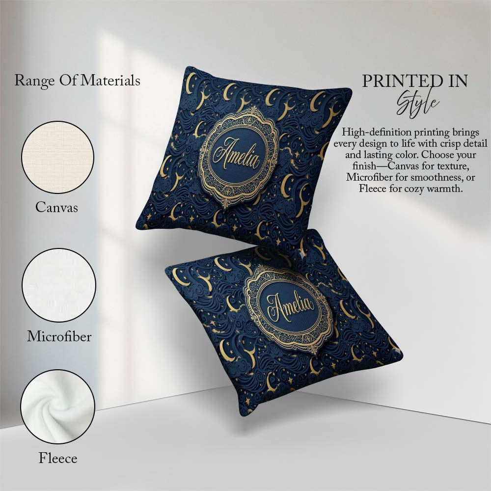 Custom Name Celestial Crescent Cloud Waves Starry Night Seamless Square Filled Cushion Throw Pillow Sofa Bed Home Decor Zip Washable UK Made