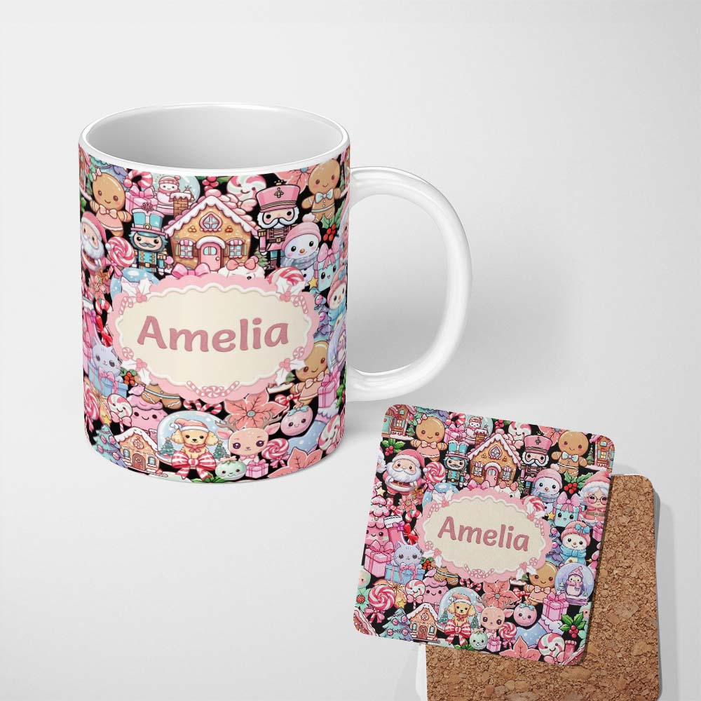 Personalized Custom Name Cute Kawaii Christmas Gingerbread Candy Santa Gift Seamless Pattern 11oz Ceramic Coffee Tea Mug White Large Handle