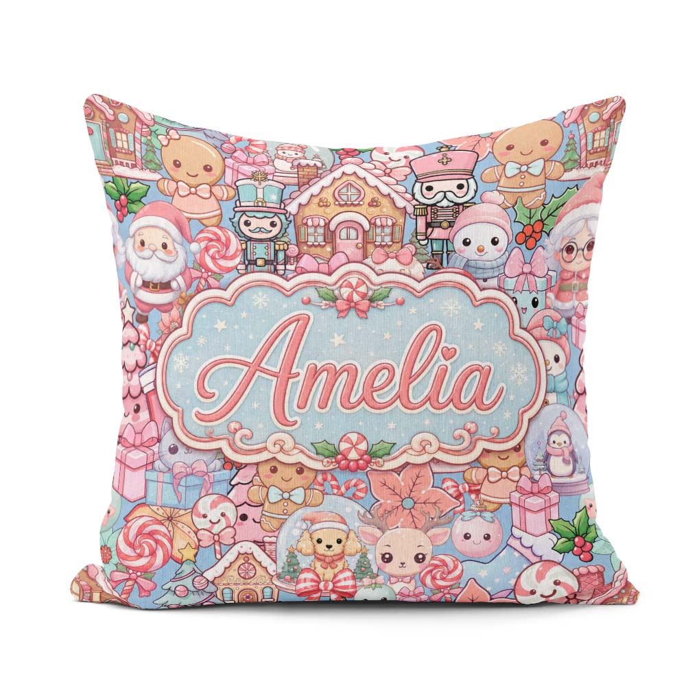 Custom Name Kawaii Christmas Gingerbread Snowman Candy Seamless Square Filled Cushion Throw Pillow Sofa Bed Home Decor Zip Washable UK Made