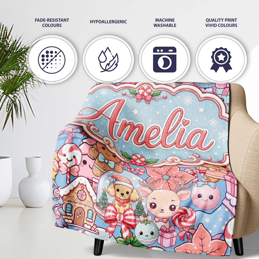 Cute Kawaii Christmas Gingerbread Snowman Candy Gift Seamless  Personalised Custom Name Super Soft Fleece Blanket Bed Sofa Throw