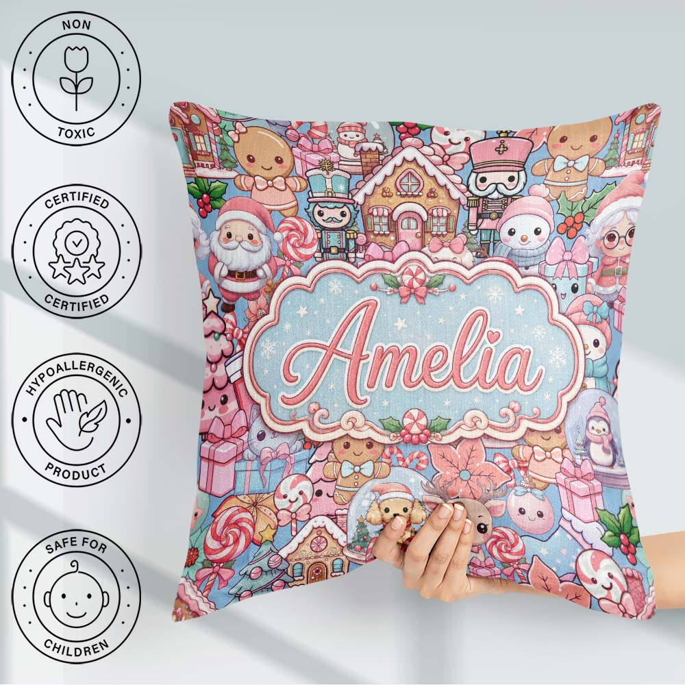 Custom Name Kawaii Christmas Gingerbread Snowman Candy Seamless Square Filled Cushion Throw Pillow Sofa Bed Home Decor Zip Washable UK Made