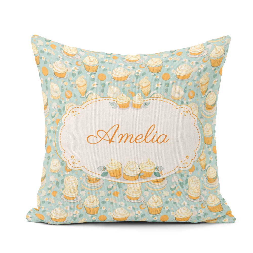 Custom Name Floral Cupcake and Citrus Elements Soft Blue Dessert Square Filled Cushion Throw Pillow Sofa Bed Home Decor Zip Washable UK Made