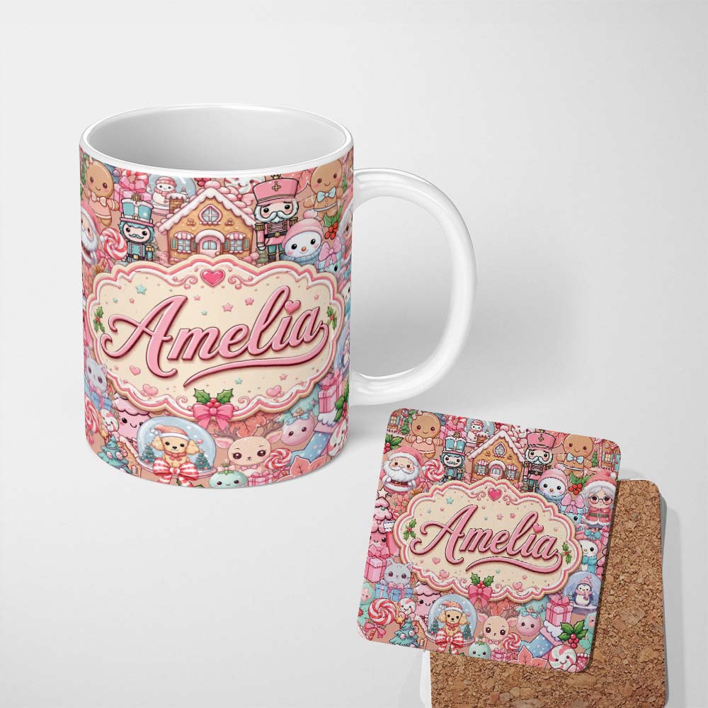 Personalized Custom Name Cute Kawaii Christmas Gingerbread House Candy Cane Seamless Pattern 11oz Ceramic Coffee Tea Mug White Large Handle