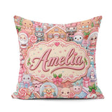 Custom Name Kawaii Gingerbread House Candy Cane Seamless Pattern Square Filled Cushion Throw Pillow Sofa Bed Home Decor Zip Washable UK Made