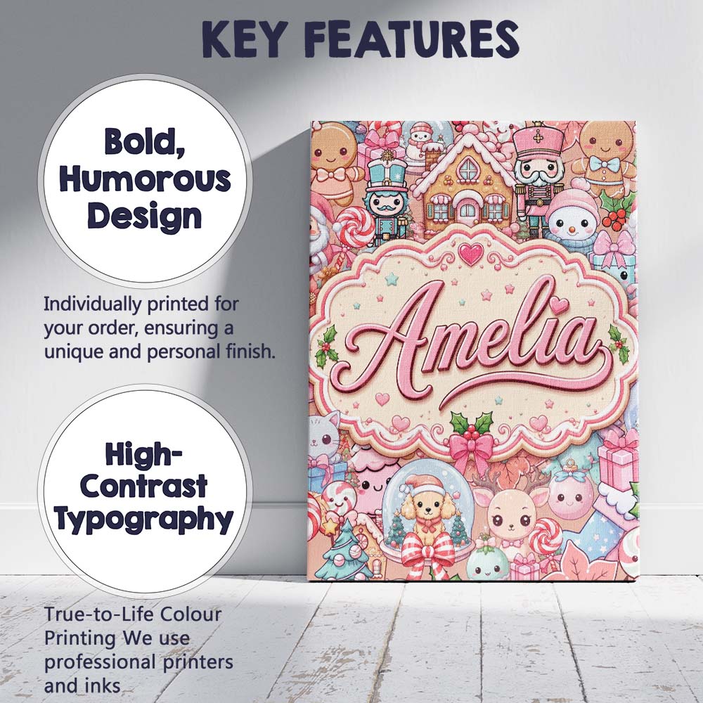 Personalised Name Cute Kawaii Christmas Custom  Modern Room Accent Elegant Feature Canvas Wall Art Print Decor Picture Ready to Hang
