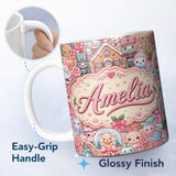 Personalized Custom Name Cute Kawaii Christmas Gingerbread House Candy Cane Seamless Pattern 11oz Ceramic Coffee Tea Mug White Large Handle