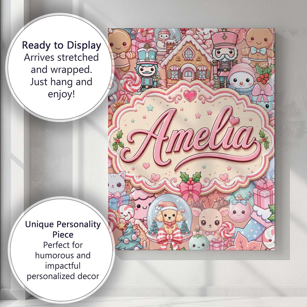 Personalised Name Cute Kawaii Christmas Custom  Modern Room Accent Elegant Feature Canvas Wall Art Print Decor Picture Ready to Hang
