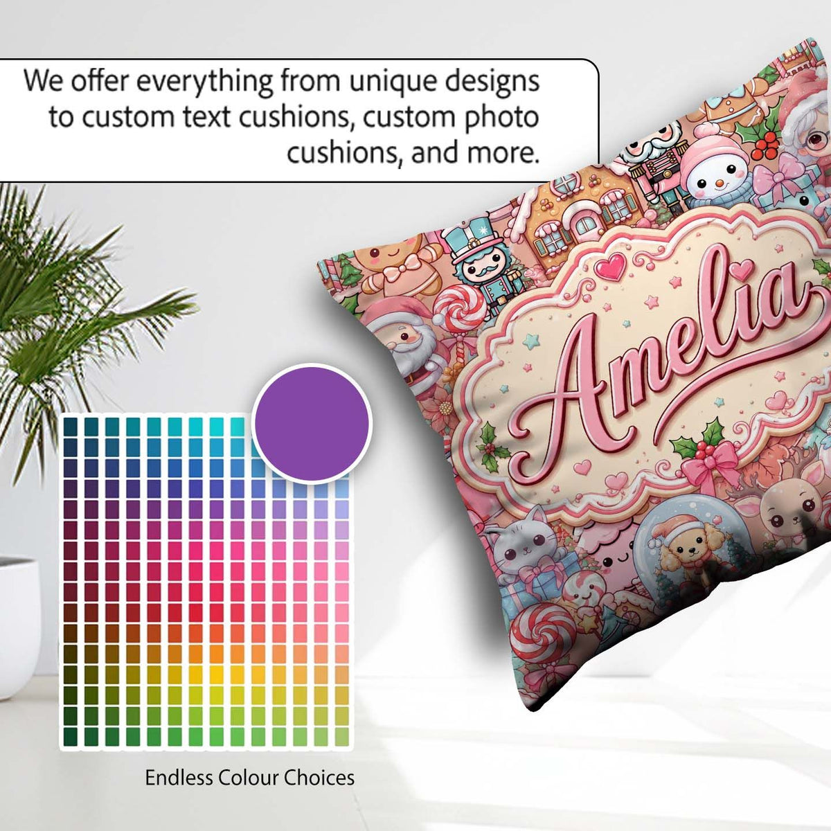 Custom Name Kawaii Gingerbread House Candy Cane Seamless Pattern Square Filled Cushion Throw Pillow Sofa Bed Home Decor Zip Washable UK Made