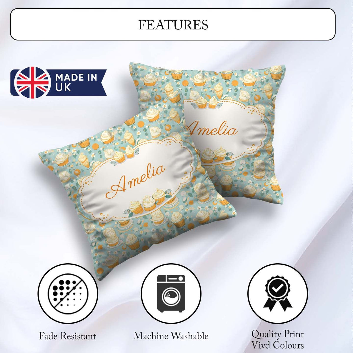 Custom Name Floral Cupcake and Citrus Elements Soft Blue Dessert Square Filled Cushion Throw Pillow Sofa Bed Home Decor Zip Washable UK Made