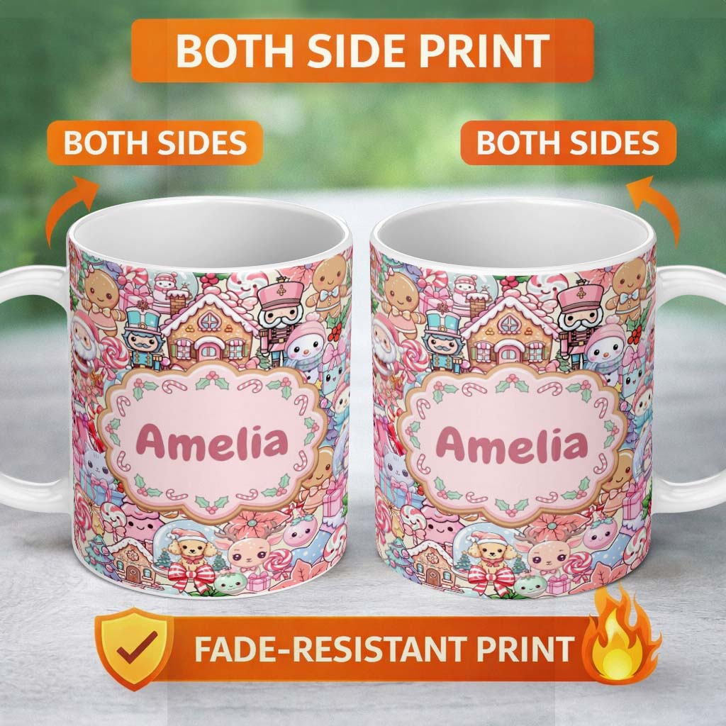 Personalized Custom Name Cute Kawaii Christmas Gingerbread Reindeer Candy Gift Seamless 11oz Ceramic Coffee Tea Mug White Large Handle