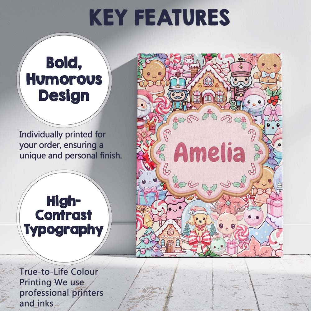 Personalised Name Cute Kawaii Christmas Custom  Modern Room Accent Elegant Feature Canvas Wall Art Print Decor Picture Ready to Hang