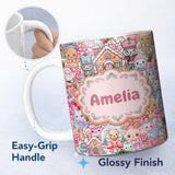 Personalized Custom Name Cute Kawaii Christmas Gingerbread Reindeer Candy Gift Seamless 11oz Ceramic Coffee Tea Mug White Large Handle