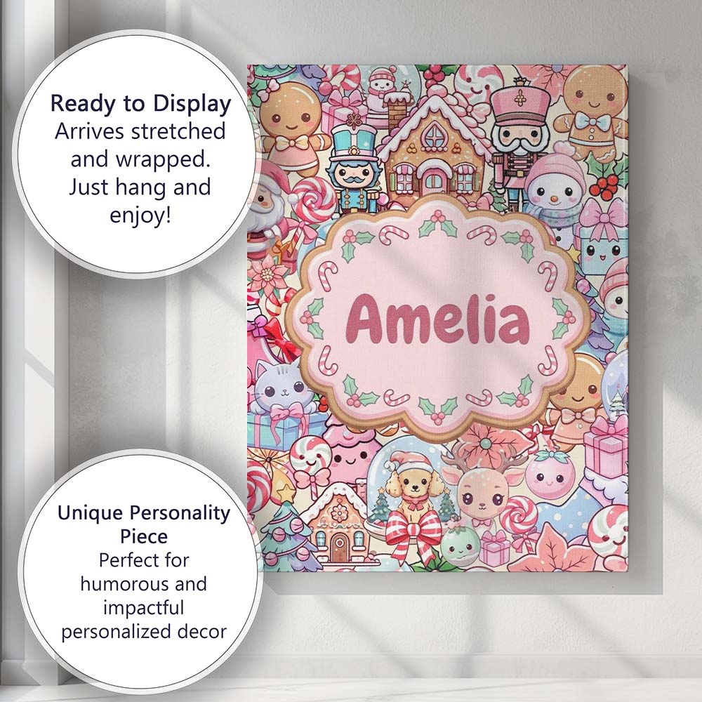 Personalised Name Cute Kawaii Christmas Custom  Modern Room Accent Elegant Feature Canvas Wall Art Print Decor Picture Ready to Hang