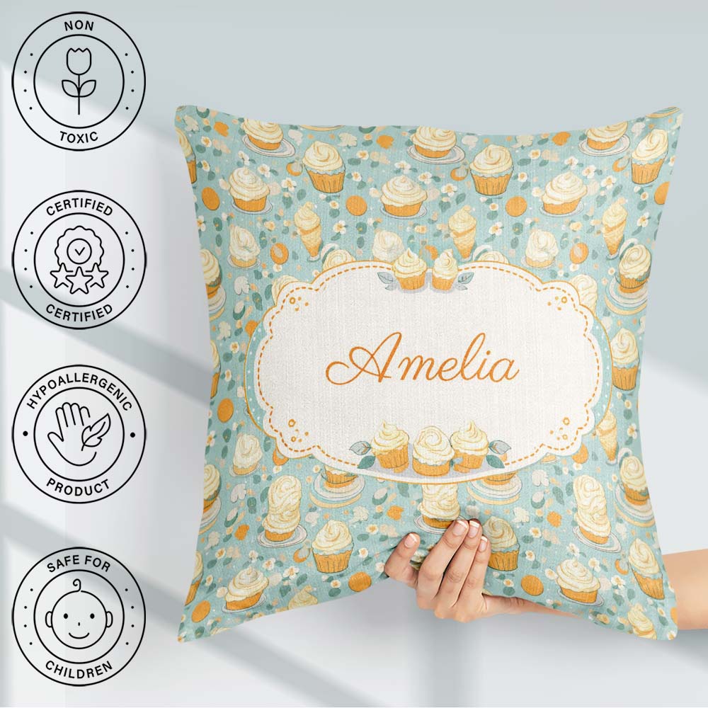 Custom Name Floral Cupcake and Citrus Elements Soft Blue Dessert Square Filled Cushion Throw Pillow Sofa Bed Home Decor Zip Washable UK Made