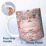 Personalized Custom Name Cute Kawaii Christmas Gingerbread Toy Soldier Candy Seamless 11oz Ceramic Coffee Tea Mug White Large Handle