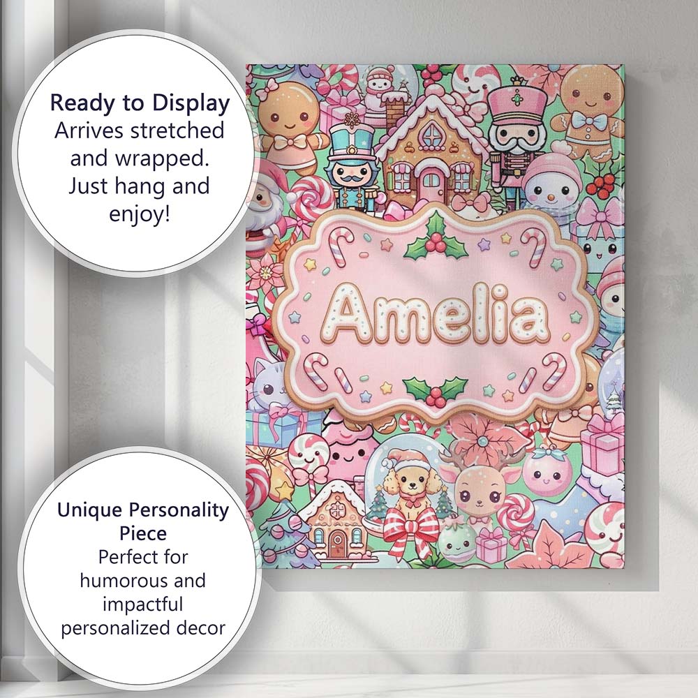Personalised Name Cute Kawaii Christmas Custom  Modern Room Accent Elegant Feature Canvas Wall Art Print Decor Picture Ready to Hang