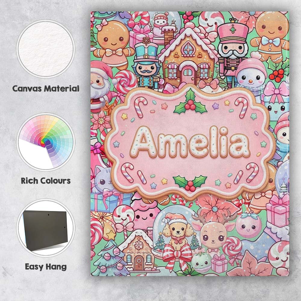 Personalised Name Cute Kawaii Christmas Custom  Modern Room Accent Elegant Feature Canvas Wall Art Print Decor Picture Ready to Hang