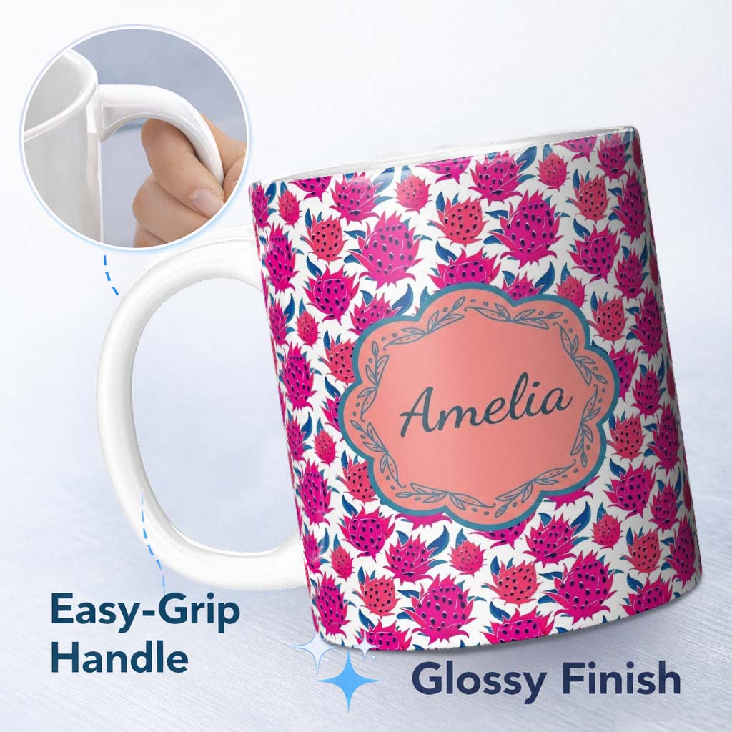 Personalized Custom Name Dragon Fruit Pattern with Blue Leaves on Light Background Lovely 11oz Ceramic Coffee Tea Mug White Large Handle