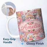 Personalized Custom Name Cute Kawaii Christmas Gingerbread Puppy Candy Gift Seamless Pattern 11oz Ceramic Coffee Tea Mug White Large Handle