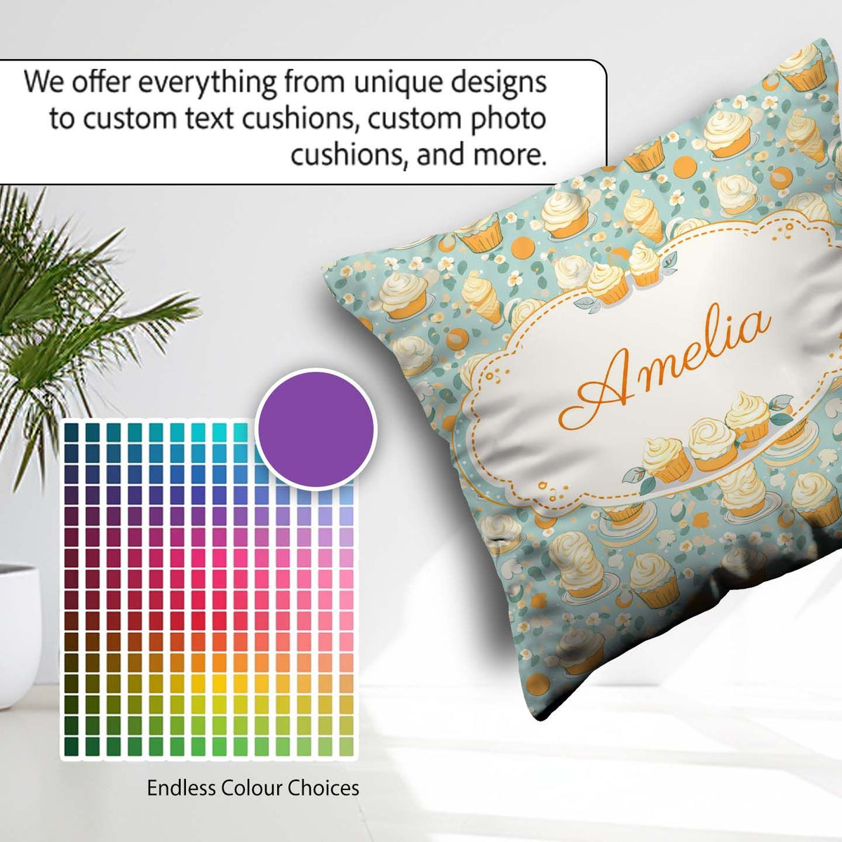 Custom Name Floral Cupcake and Citrus Elements Soft Blue Dessert Square Filled Cushion Throw Pillow Sofa Bed Home Decor Zip Washable UK Made