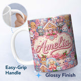 Personalized Custom Name Cute Kawaii Christmas Gingerbread Festive Treats Seamless Pattern 11oz Ceramic Coffee Tea Mug White Large Handle