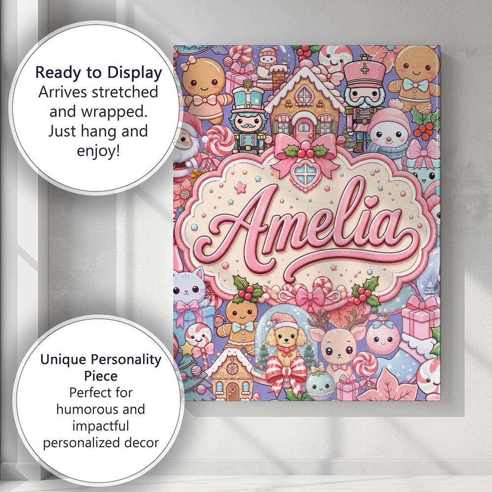 Personalised Name Cute Kawaii Christmas Custom  Modern Room Accent Elegant Feature Canvas Wall Art Print Decor Picture Ready to Hang