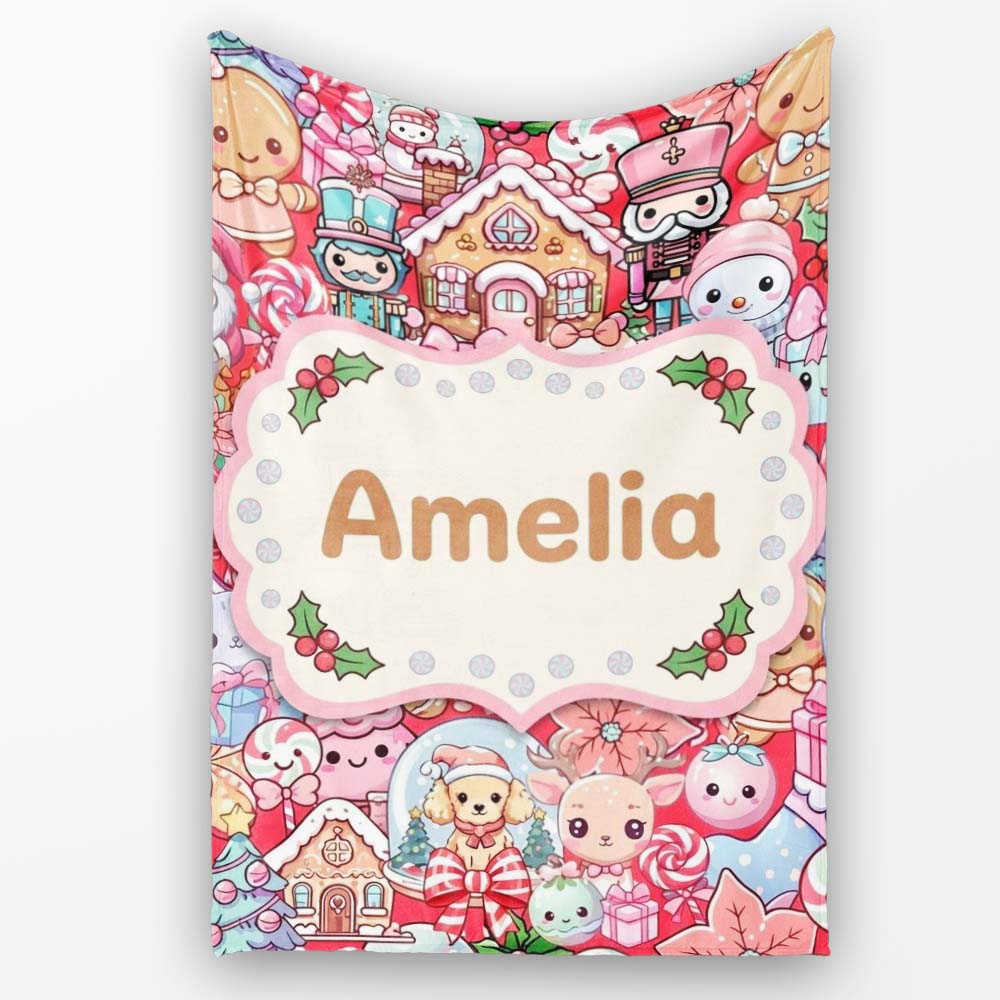 Cute Kawaii Christmas Gingerbread Candy Characters Festive Seamless  Personalised Custom Name Super Soft Fleece Blanket Bed Sofa Throw