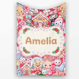Cute Kawaii Christmas Gingerbread Candy Characters Festive Seamless  Personalised Custom Name Super Soft Fleece Blanket Bed Sofa Throw