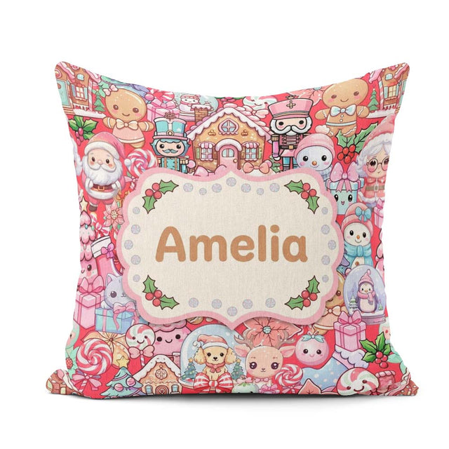 Custom Name Kawaii Gingerbread Candy Characters Festive Seamless Square Filled Cushion Throw Pillow Sofa Bed Home Decor Zip Washable UK Made