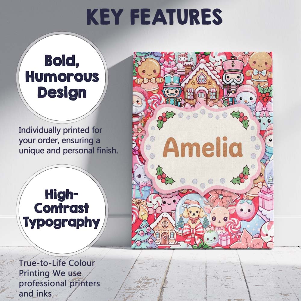 Personalised Name Cute Kawaii Christmas Custom  Modern Room Accent Elegant Feature Canvas Wall Art Print Decor Picture Ready to Hang