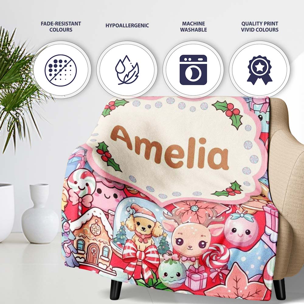 Cute Kawaii Christmas Gingerbread Candy Characters Festive Seamless  Personalised Custom Name Super Soft Fleece Blanket Bed Sofa Throw