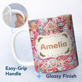 Personalized Custom Name Cute Kawaii Christmas Gingerbread Candy Characters Festive Seamless 11oz Ceramic Coffee Tea Mug White Large Handle