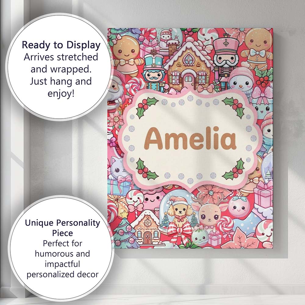 Personalised Name Cute Kawaii Christmas Custom  Modern Room Accent Elegant Feature Canvas Wall Art Print Decor Picture Ready to Hang