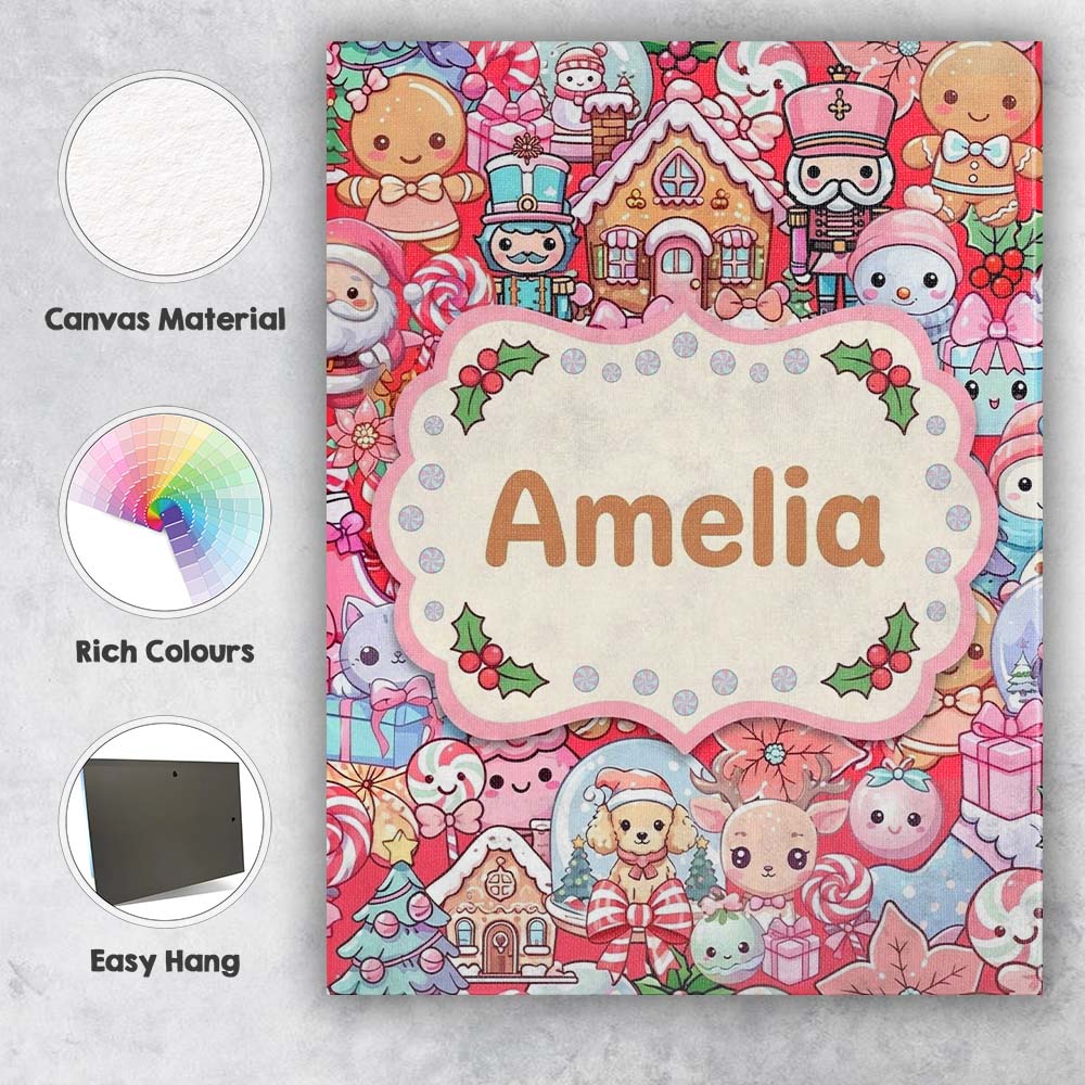 Personalised Name Cute Kawaii Christmas Custom  Modern Room Accent Elegant Feature Canvas Wall Art Print Decor Picture Ready to Hang