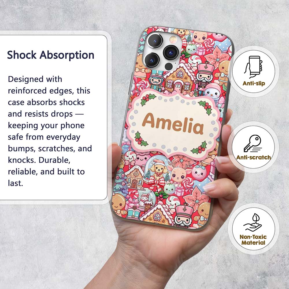 Cute Kawaii Christmas Gingerbread Printed Design Custom Name Protective Phone Case Mobile Cover Durable Everyday Smartphone Shock Resistant