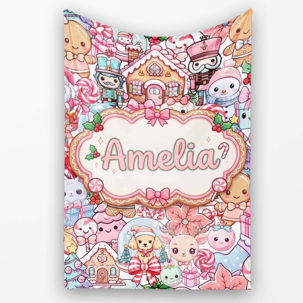 Cute Kawaii Christmas Gingerbread Candy Characters Soft White  Personalised Custom Name Super Soft Fleece Blanket Bed Sofa Throw