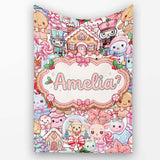 Cute Kawaii Christmas Gingerbread Candy Characters Soft White  Personalised Custom Name Super Soft Fleece Blanket Bed Sofa Throw