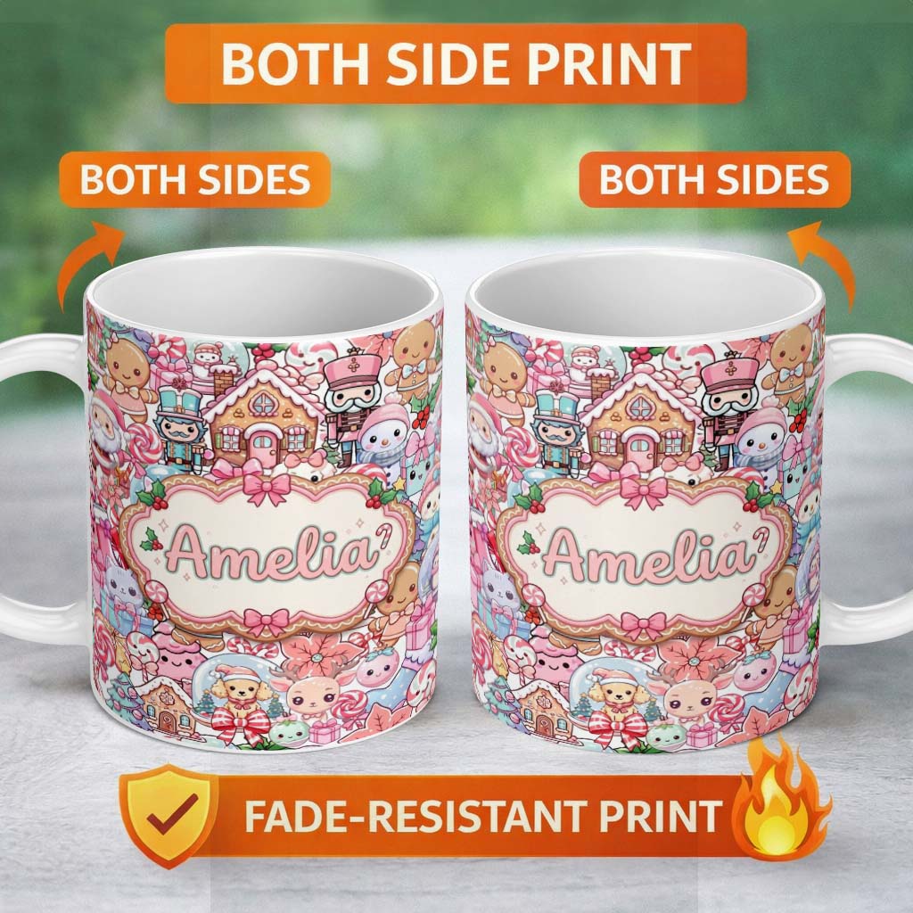 Personalized Custom Name Cute Kawaii Christmas Gingerbread Candy Characters Soft White 11oz Ceramic Coffee Tea Mug White Large Handle