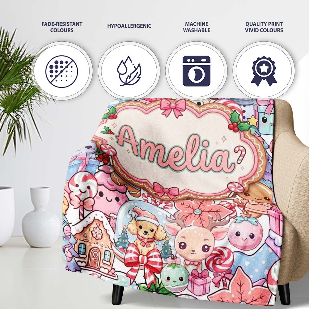 Cute Kawaii Christmas Gingerbread Candy Characters Soft White  Personalised Custom Name Super Soft Fleece Blanket Bed Sofa Throw