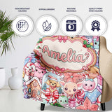 Cute Kawaii Christmas Gingerbread Candy Characters Soft White  Personalised Custom Name Super Soft Fleece Blanket Bed Sofa Throw